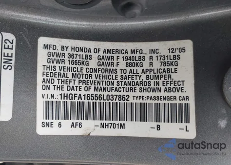 2006 Honda Civic Lx from USA, damaged, VIN 1HGFA16556L037862
